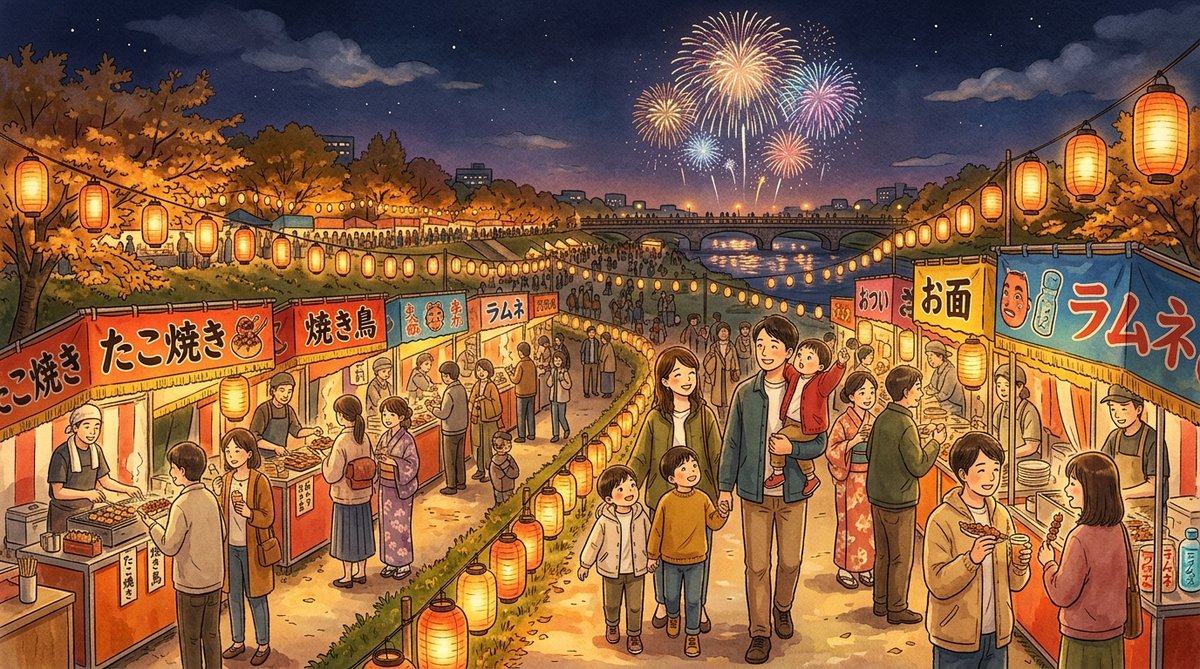 秋の夜、河川敷で開かれる北地区ふるさと祭。提灯の灯りと花火、上着を羽織って楽しむ家族連れ