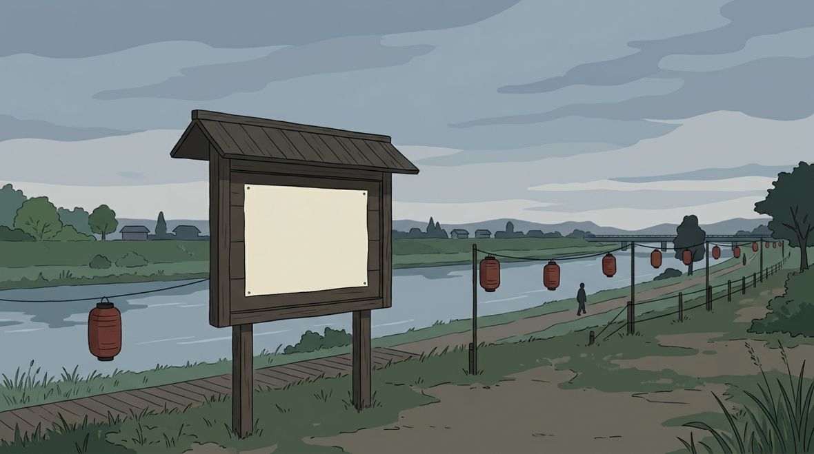 曇り空の河川敷とお知らせ掲示板のイラスト