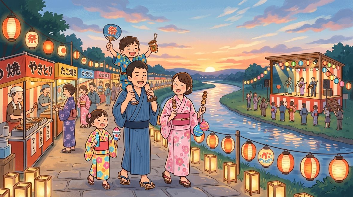 お祭りを楽しむ家族のイラスト