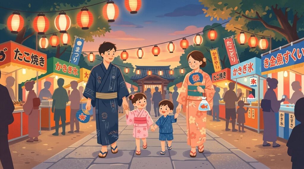 家族で夏祭りを楽しむイラスト