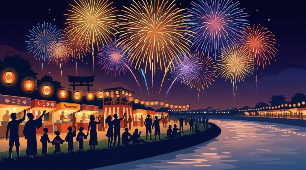 河川敷の花火と来場者のイラスト
