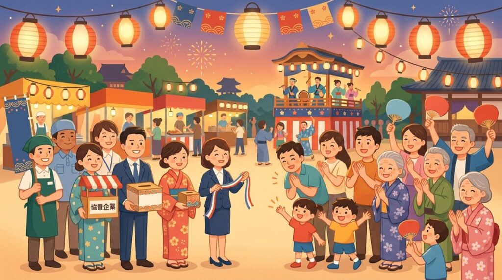 お祭りを支える地域の人々のイラスト