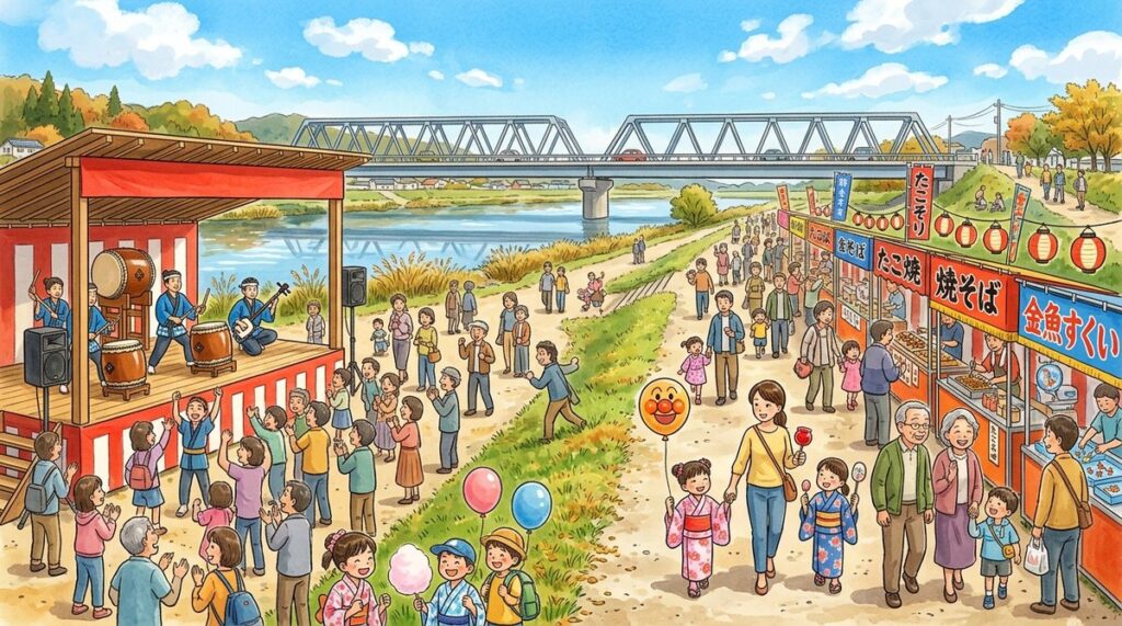 昼間の北地区ふるさと祭。河川敷の広場に屋台が並び、ステージで和太鼓、家族連れでにぎわう様子